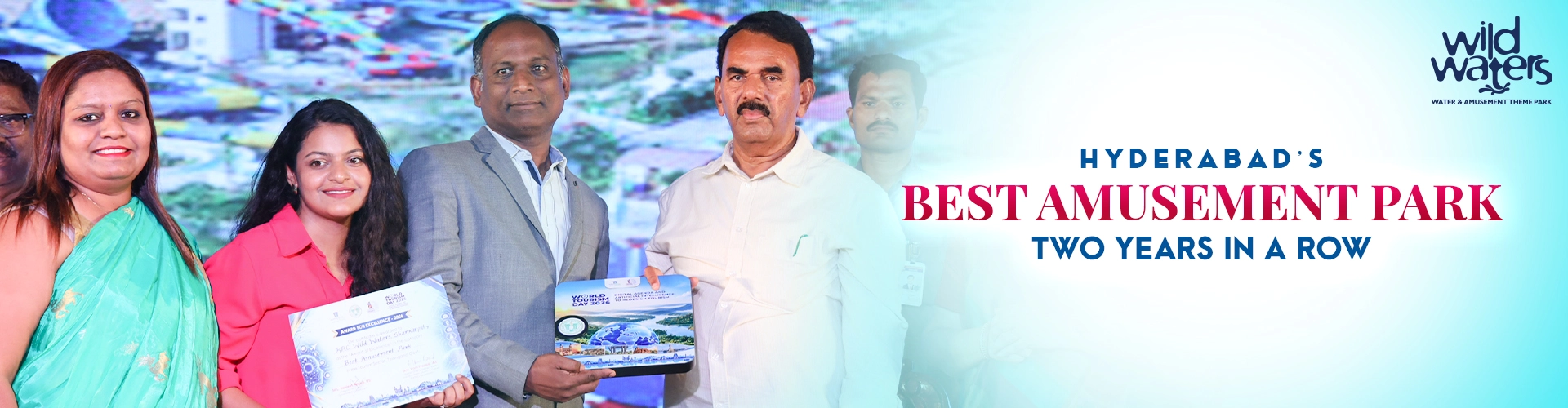Wild Waters team receiving the Best Amusement Park award from the Government of Telangana