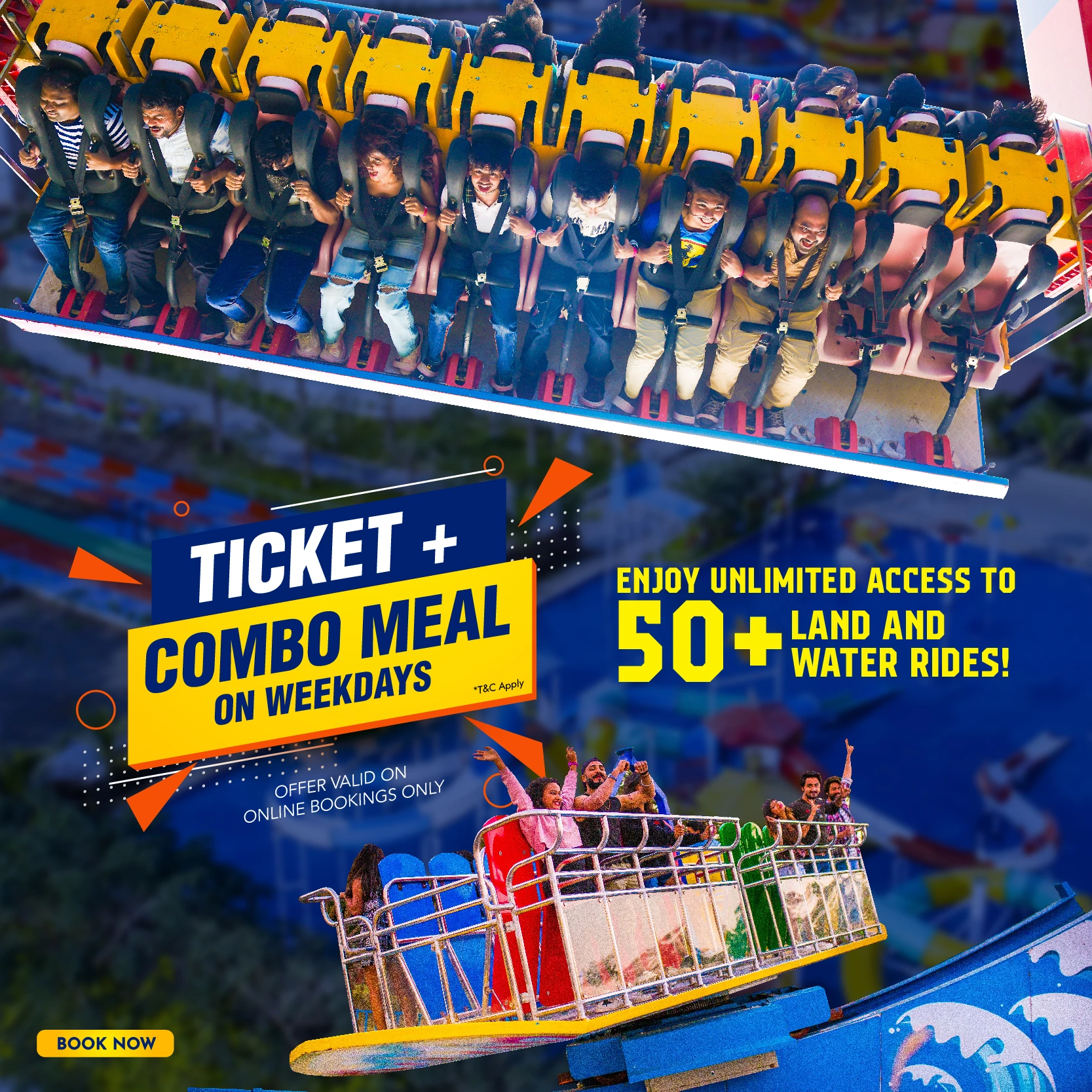 Ticket + Combo Meal on Weekdays - Unlimited Access to 50+ Land and Water Rides